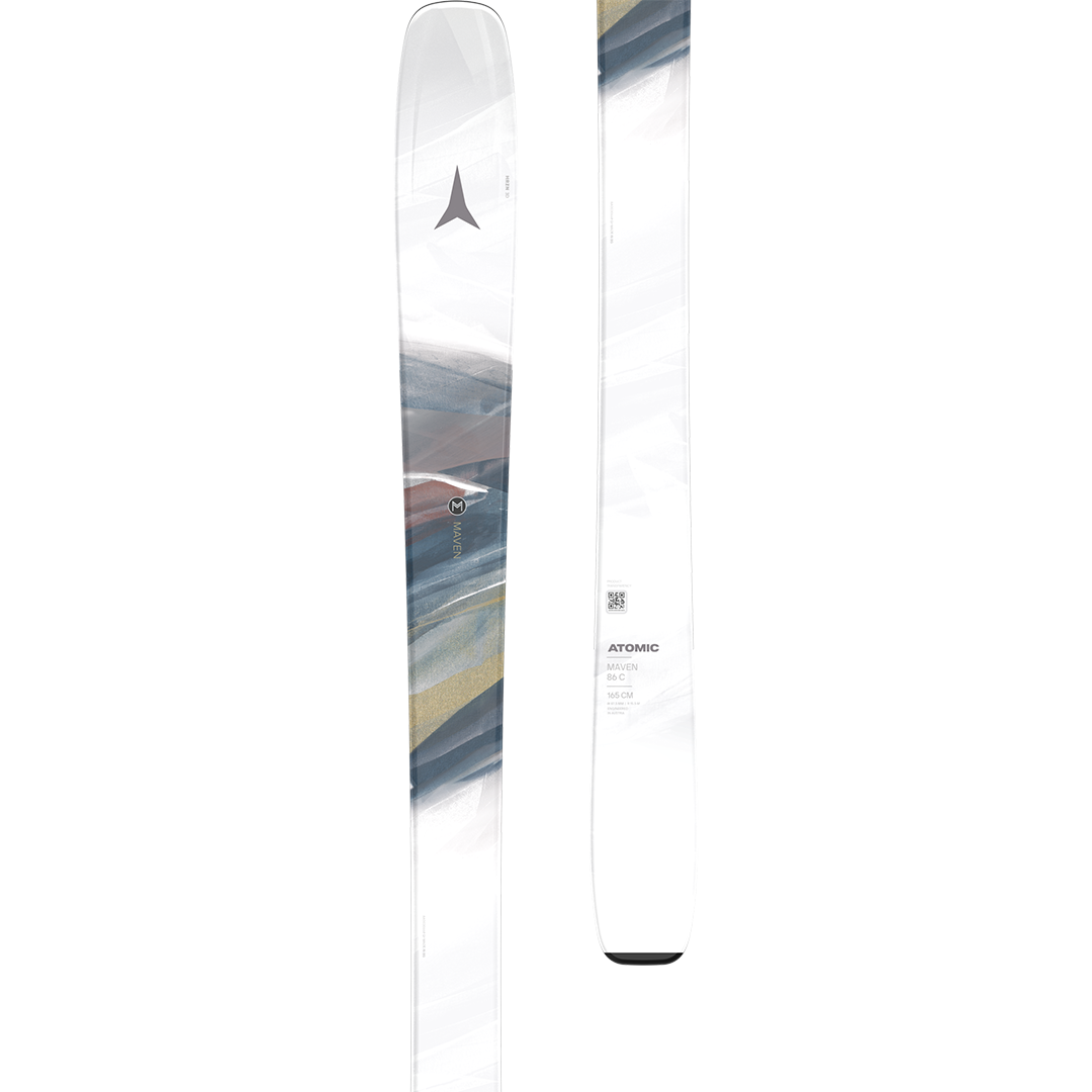 Atomic Women's Maven 86 C Skis 2026 - White skis with a black logo and abstract gray, brown, and gold design on top.