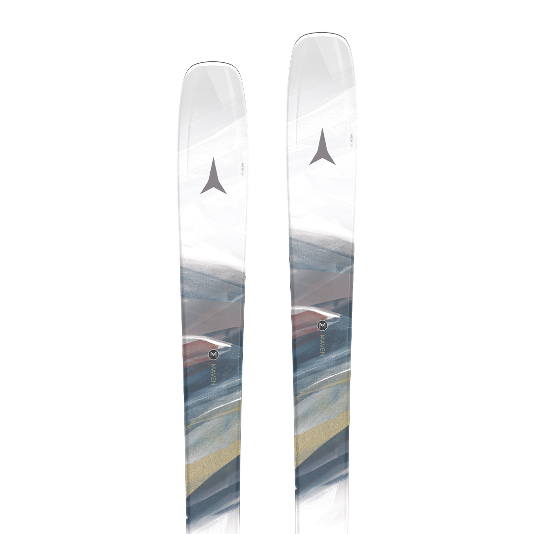 Atomic Women's Maven 86 C Skis 2026 - White skis with a gray logo on top and a brown stripe near the tip.