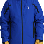 Spyder Guardian Insulated Jacket - A royal blue jacket with a white spider logo on the left chest and black accents on the shoulders, hood, and pockets.
