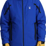 Spyder Guardian Insulated Jacket - A royal blue jacket with a white spider logo on the left chest and black accents on the shoulders, hood, and pockets.