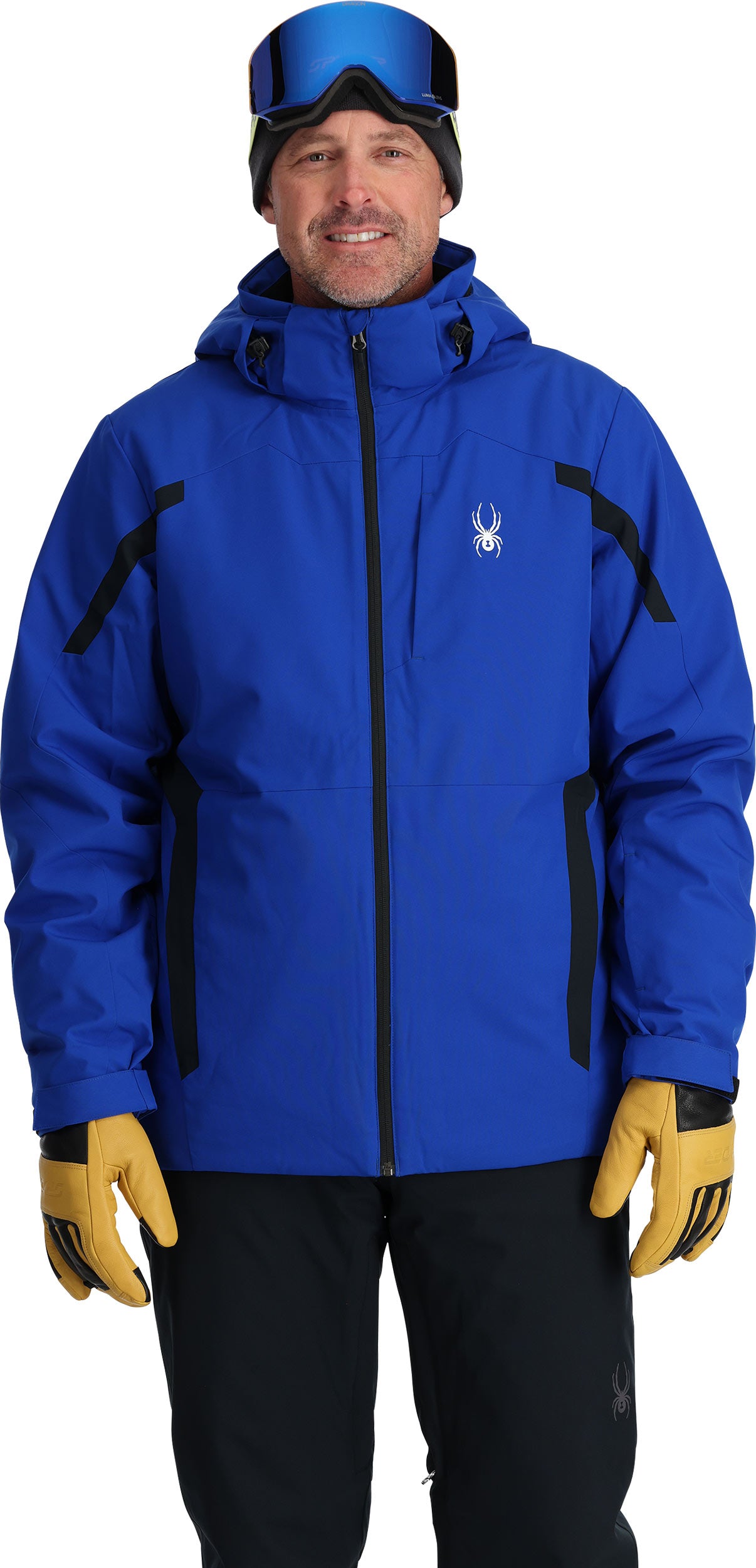 Spyder Guardian Insulated Jacket - A royal blue jacket with a white spider logo on the left chest and black accents on the shoulders, hood, and pockets.