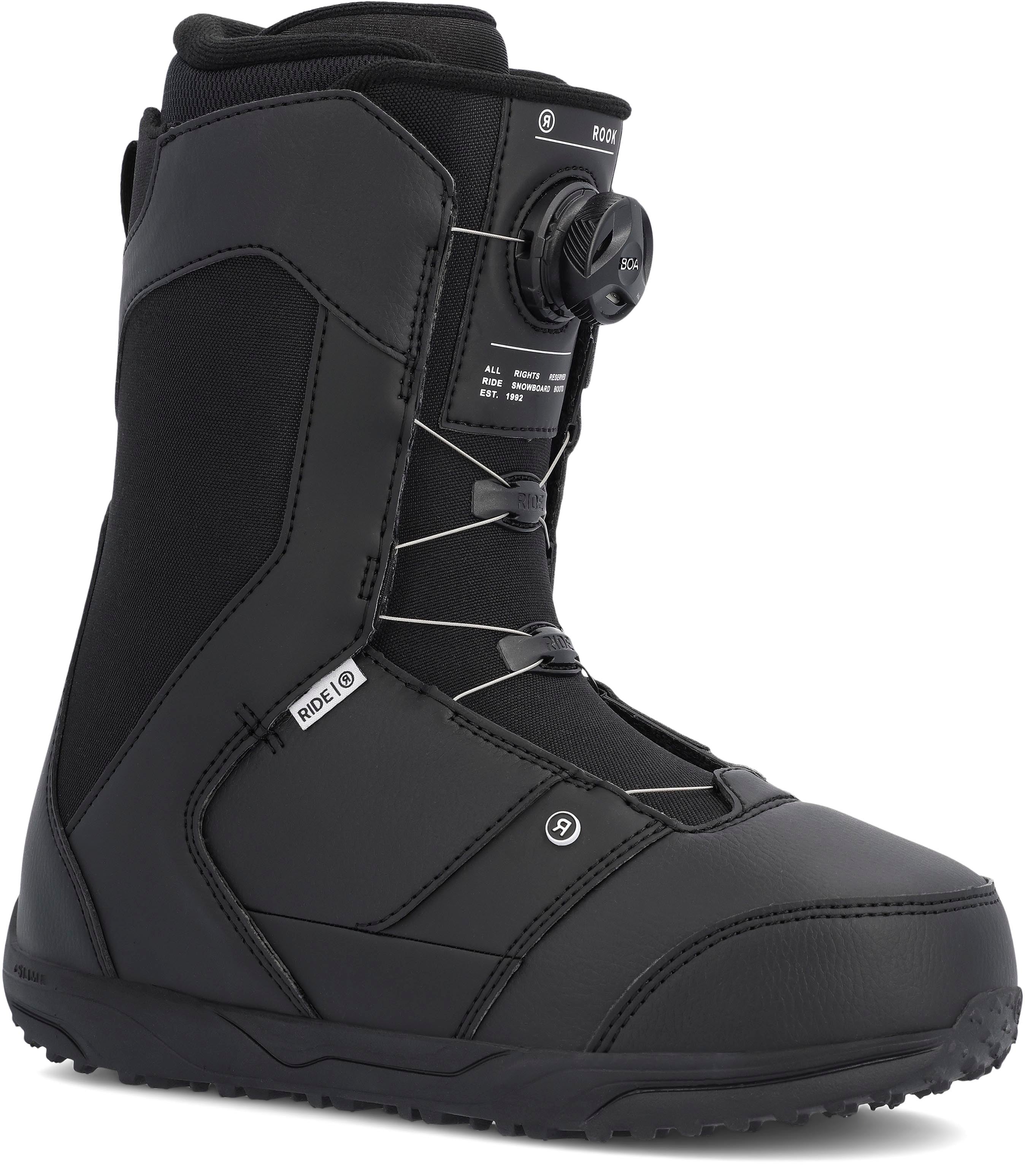 Ride Rook Snowboard Boot 2025 - Black snowboard boots with white laces and a black BOA dial on top.