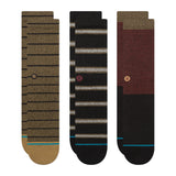 MCGREGOR 3 CREW 3 PK C SK 2024 - A pair of brown crew socks with a repeating pattern of three lines and a small logo on the side.