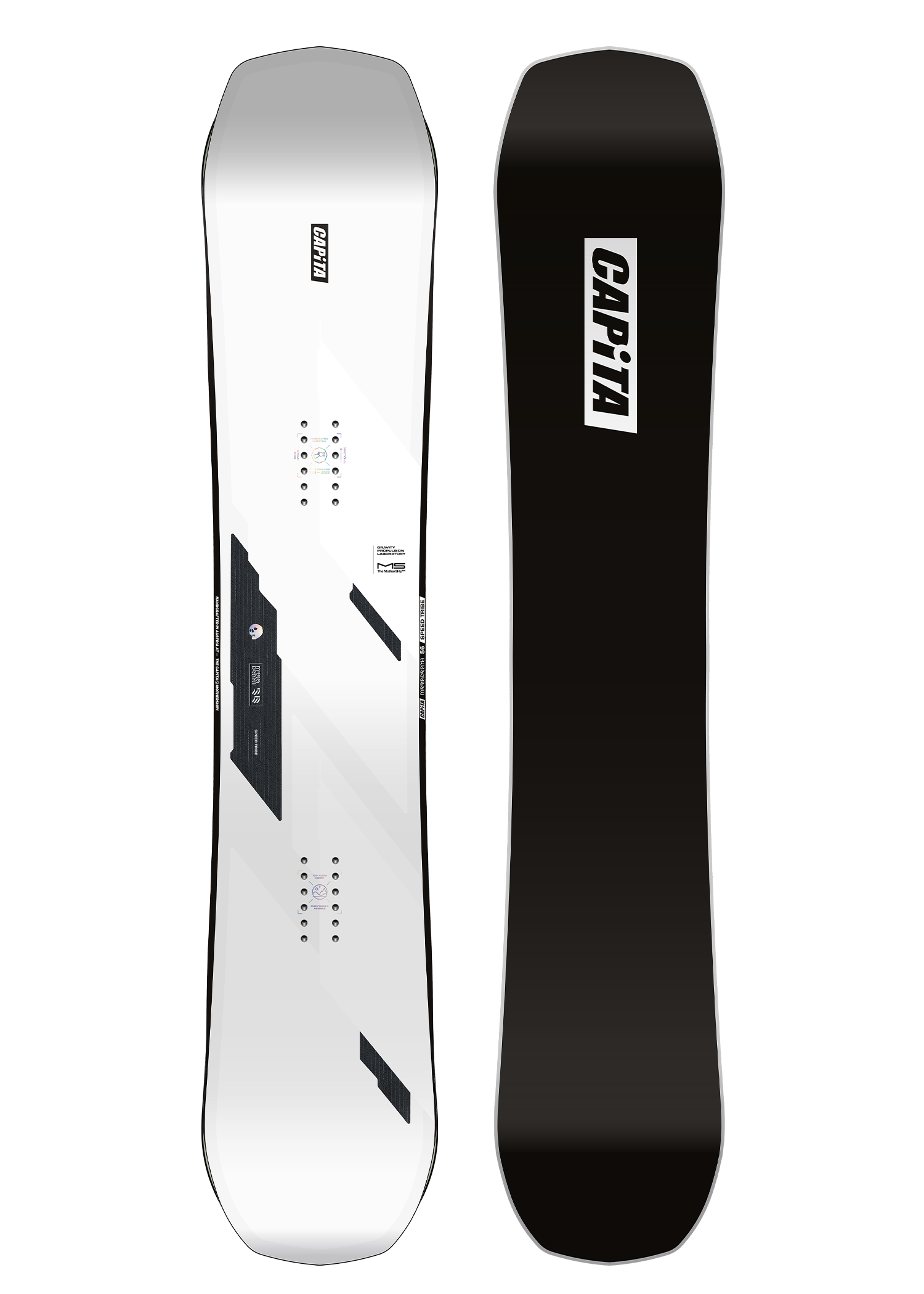 CAPiTA Mega Death Snowboard 2026 - A white snowboard with black text and graphics on a solid white background.