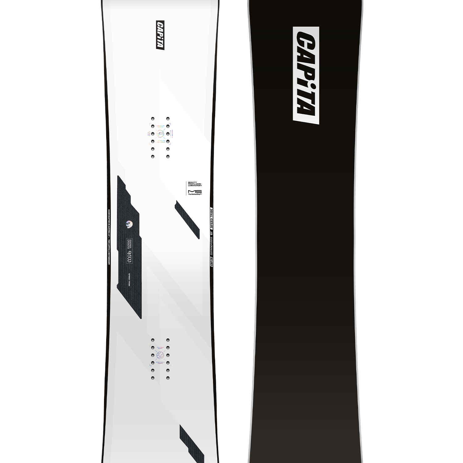 CAPiTA Mega Death Snowboard 2026 - A white snowboard with black text and graphics on a solid white background.
