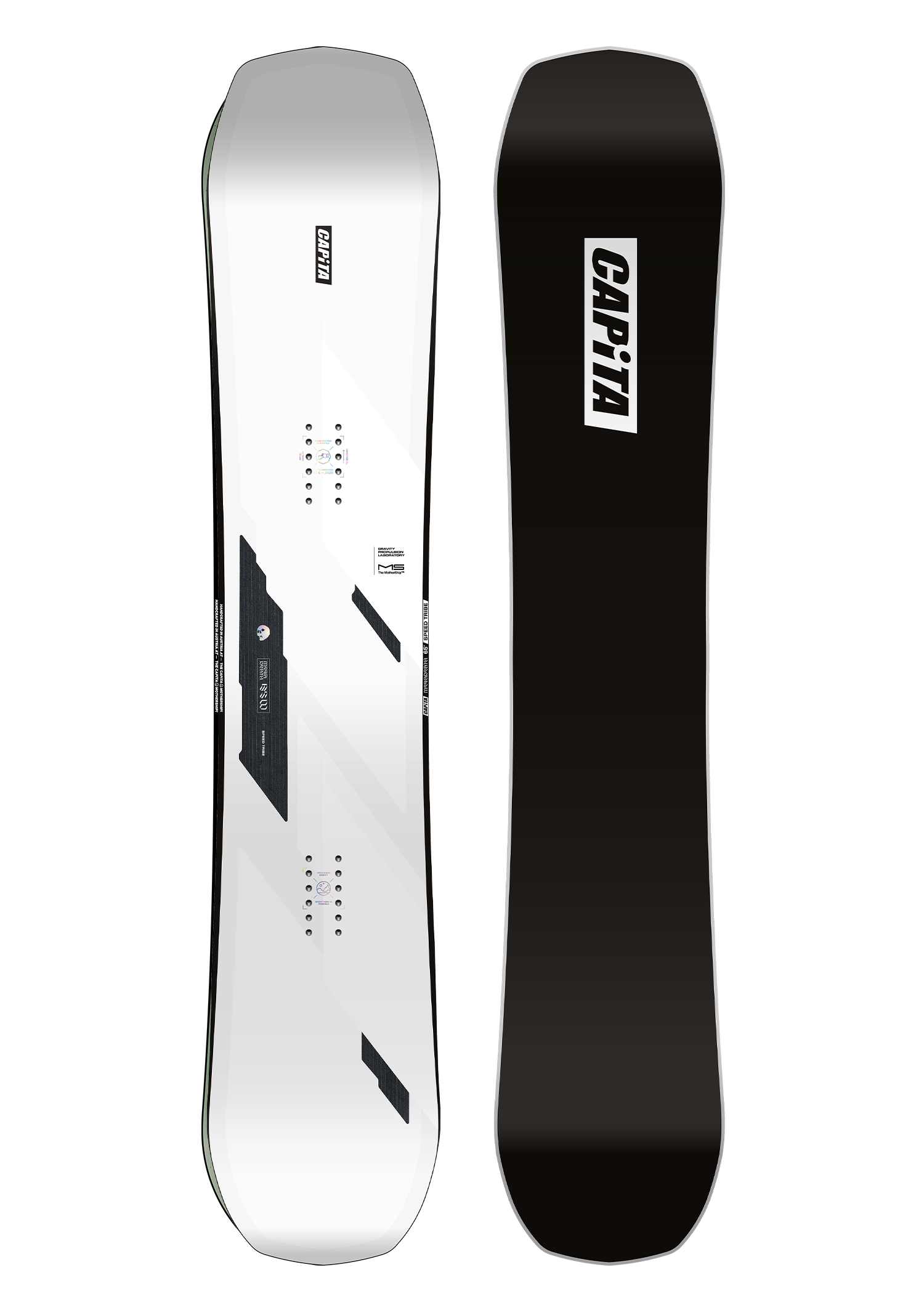 CAPiTA Mega Death Snowboard 2026 - A white snowboard with black geometric shapes and a black logo on top.