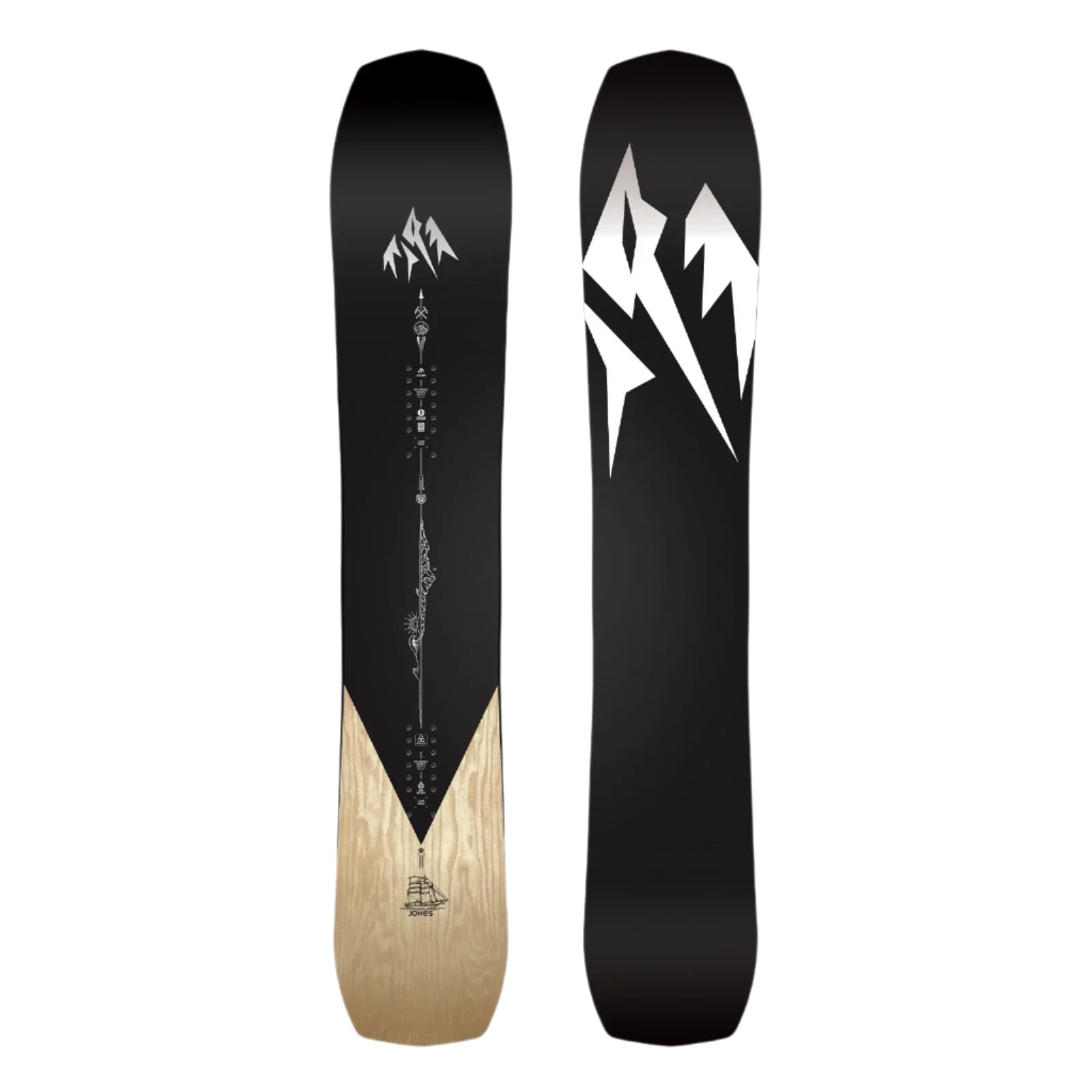 Jones Flagship Pro Snowboard 2025 - A black snowboard with a white logo and a light wood grain tail tip.