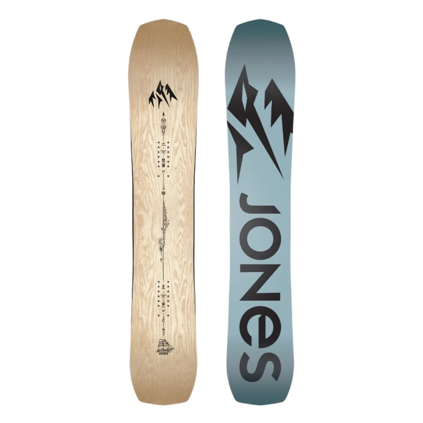 Jones Flagship Snowboard 2025 - A light-colored woodgrain snowboard with a black logo at the top and a small illustration of a ship in the center.