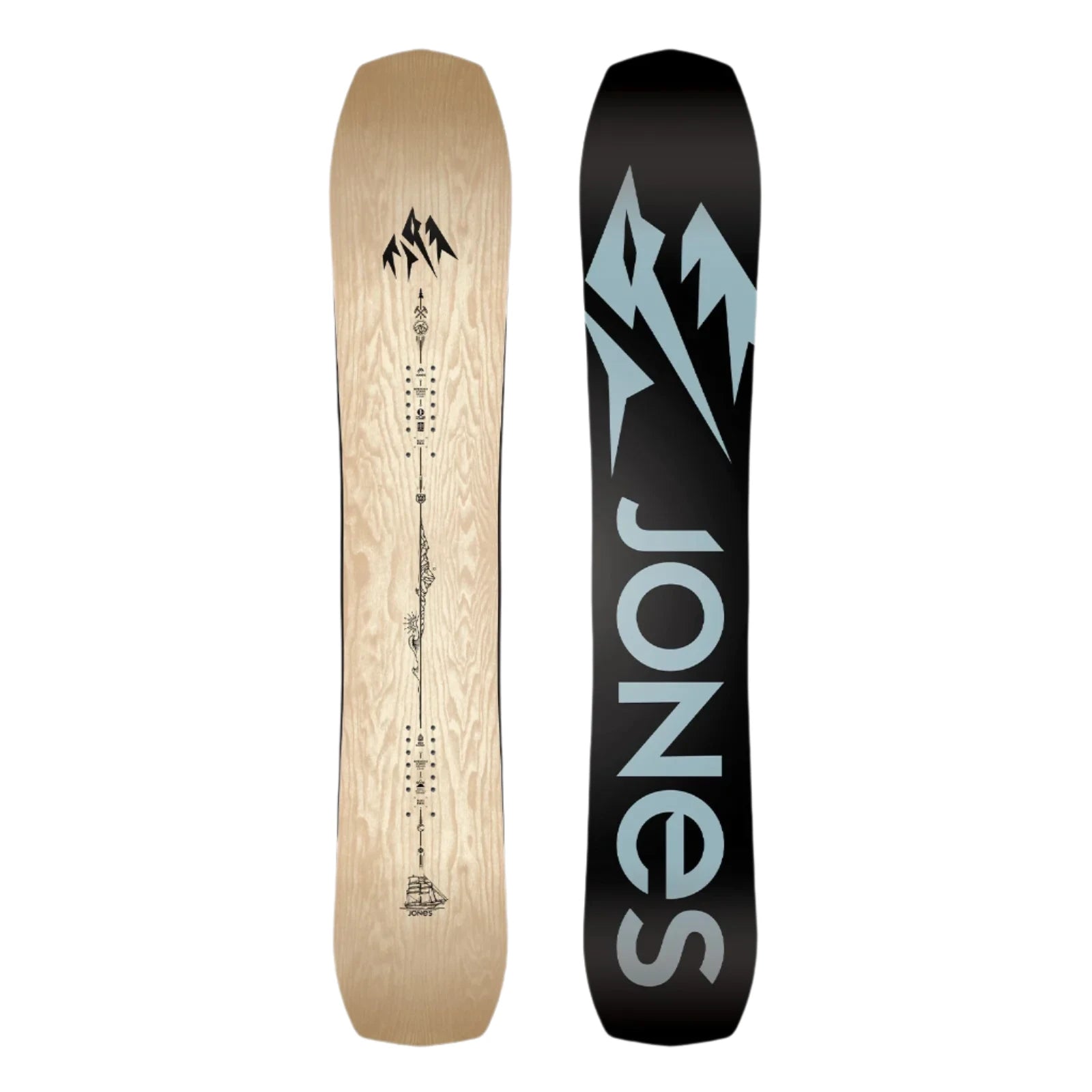 Jones Flagship Snowboard 2025 - A light-colored woodgrain snowboard with a black logo at the top and a small Jones logo near the bottom.