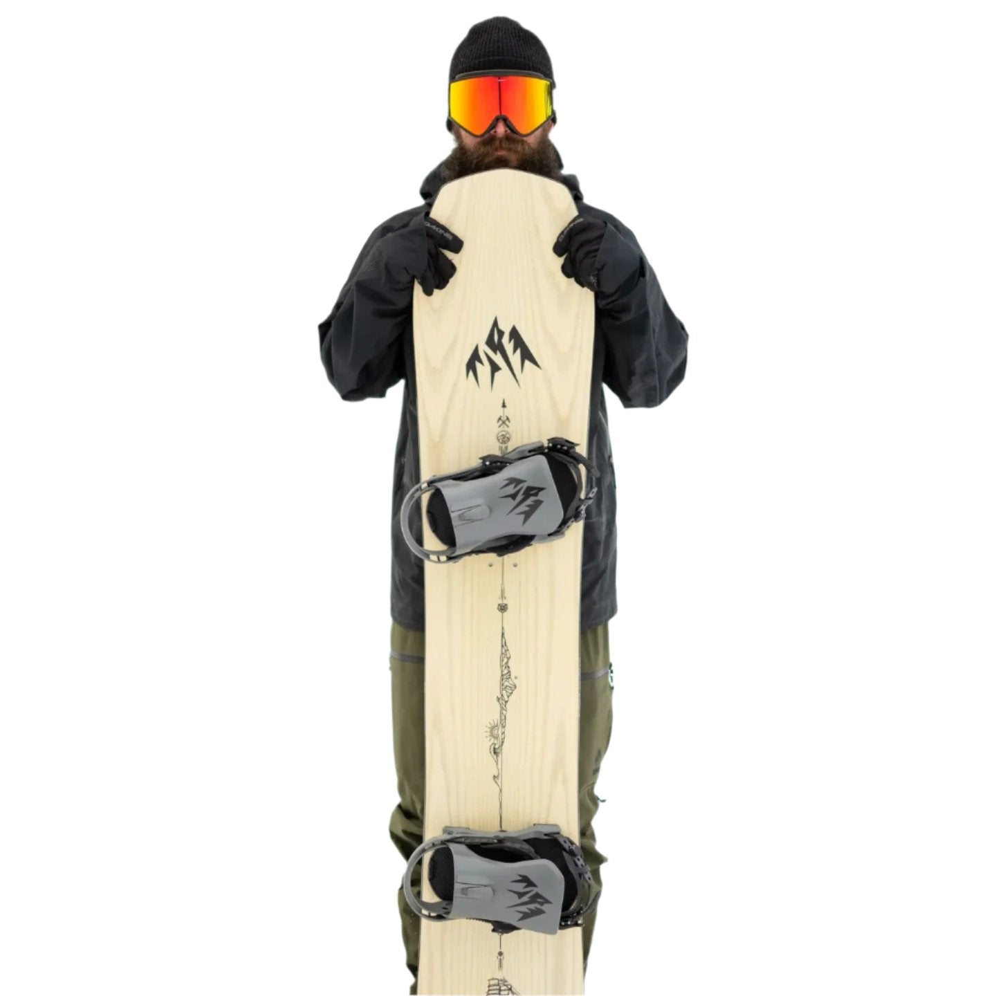 Jones Flagship Snowboard 2025 - A cream-colored snowboard with a black logo of three mountain peaks at the top and a black line drawing of a sun in the middle.