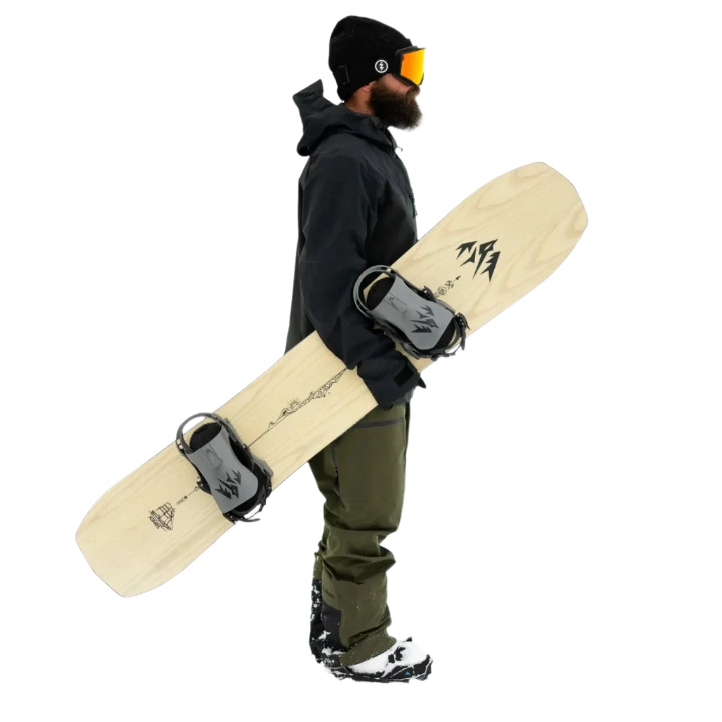 Jones Flagship Snowboard 2025 - A light-colored snowboard with a black logo on top and a black strap at the bottom.