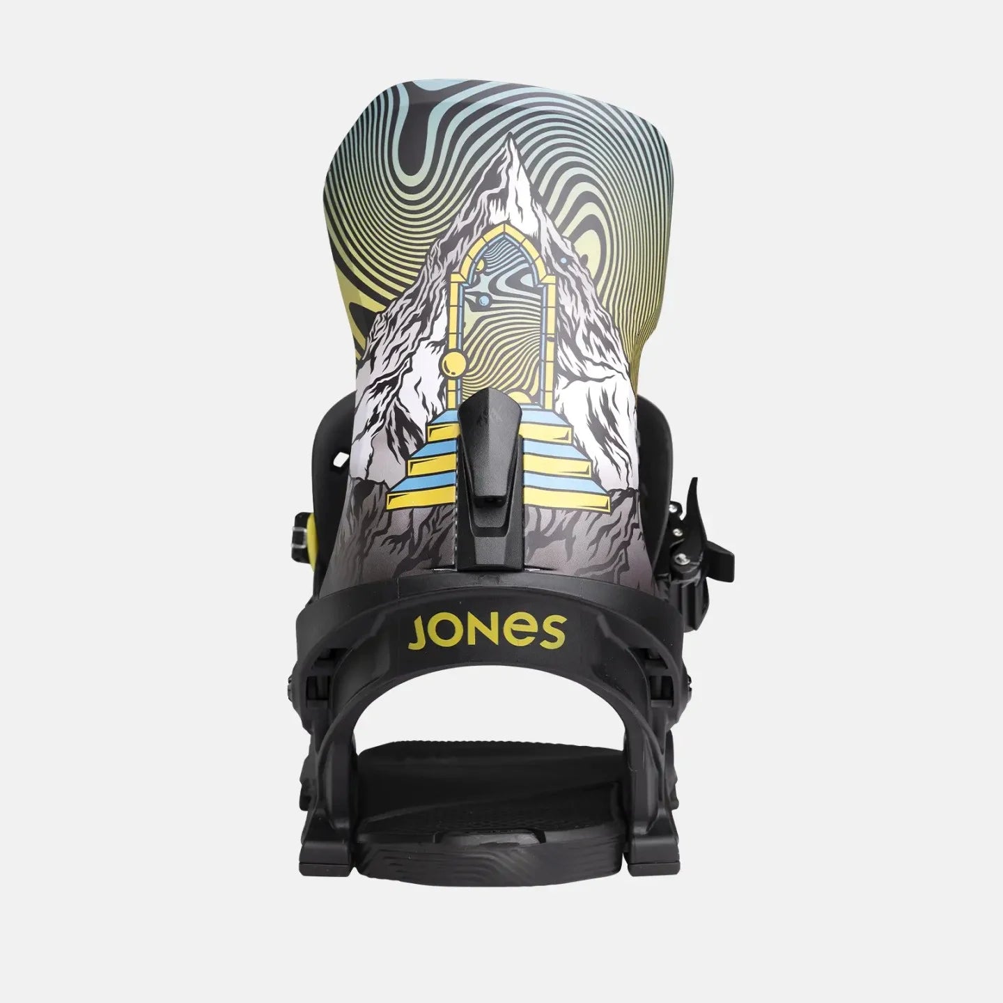 Jones Meteorite Snowboard Binding - A black snowboard binding with a yellow logo on the top strap and a blue logo on the bottom strap.