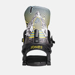 Jones Meteorite Snowboard Binding - A black snowboard binding with a yellow logo on the top strap and a blue logo on the bottom strap.