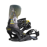 Jones Meteorite Snowboard Binding 2025 - A black snowboard binding with a yellow logo on the strap and a blue logo on the baseplate.