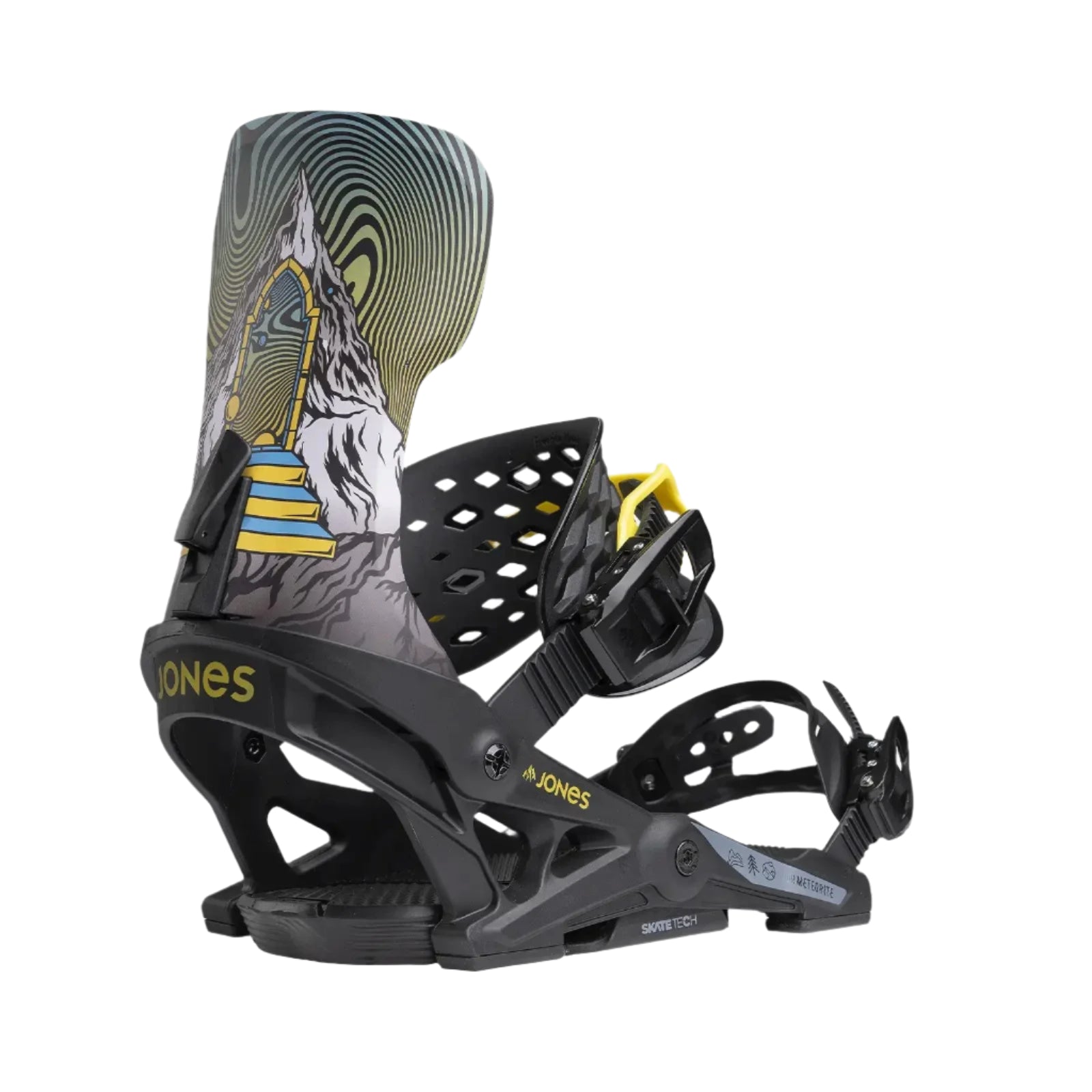 Jones Meteorite Snowboard Binding 2025 - A black snowboard binding with a yellow logo on the strap and a blue logo on the baseplate.