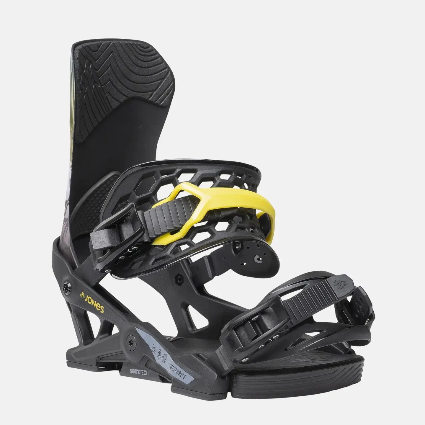 Jones Meteorite Snowboard Binding - 2025 snowboard binding with black plastic buckles and straps, yellow logo on top strap.