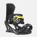 Jones Meteorite Snowboard Binding - 2025 snowboard binding with black plastic buckles and straps, yellow logo on top strap.