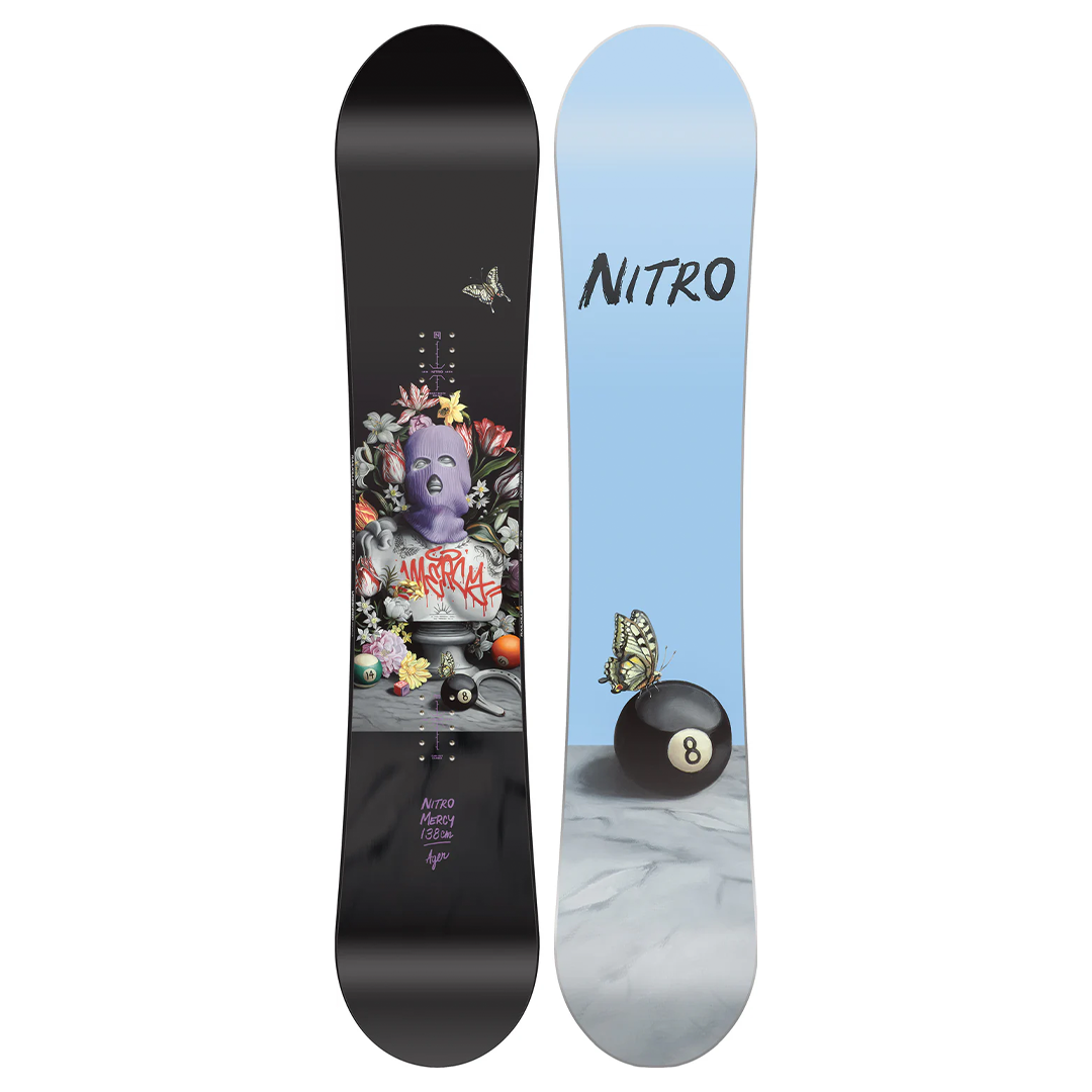 Nitro Women's Mercy Snowboard 2026 - A black snowboard with a white logo and red writing on top of it.