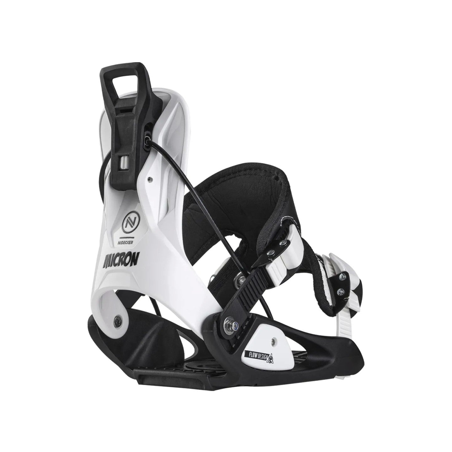 Flow Junior's Micron - Stormtrooper snowboard binding with white and black color scheme, featuring a sleek design with silver hardware accents.