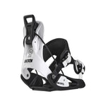 Flow Junior's Micron - Stormtrooper snowboard binding with white and black color scheme, featuring a sleek design with silver hardware accents.