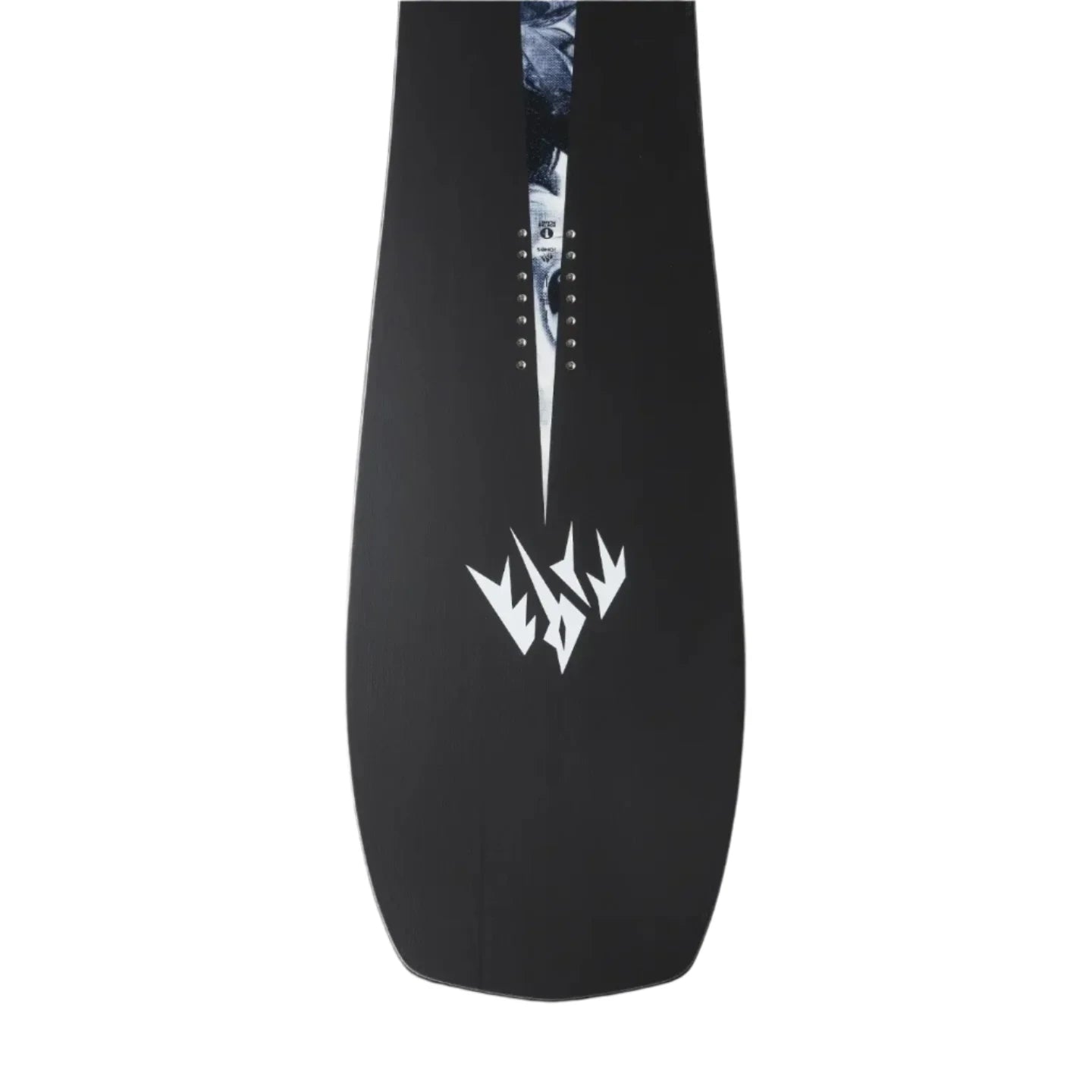 Jones Mind Expander Snowboard 2025 - A black snowboard with a white logo featuring jagged, angular letters and a long vertical line extending from it.