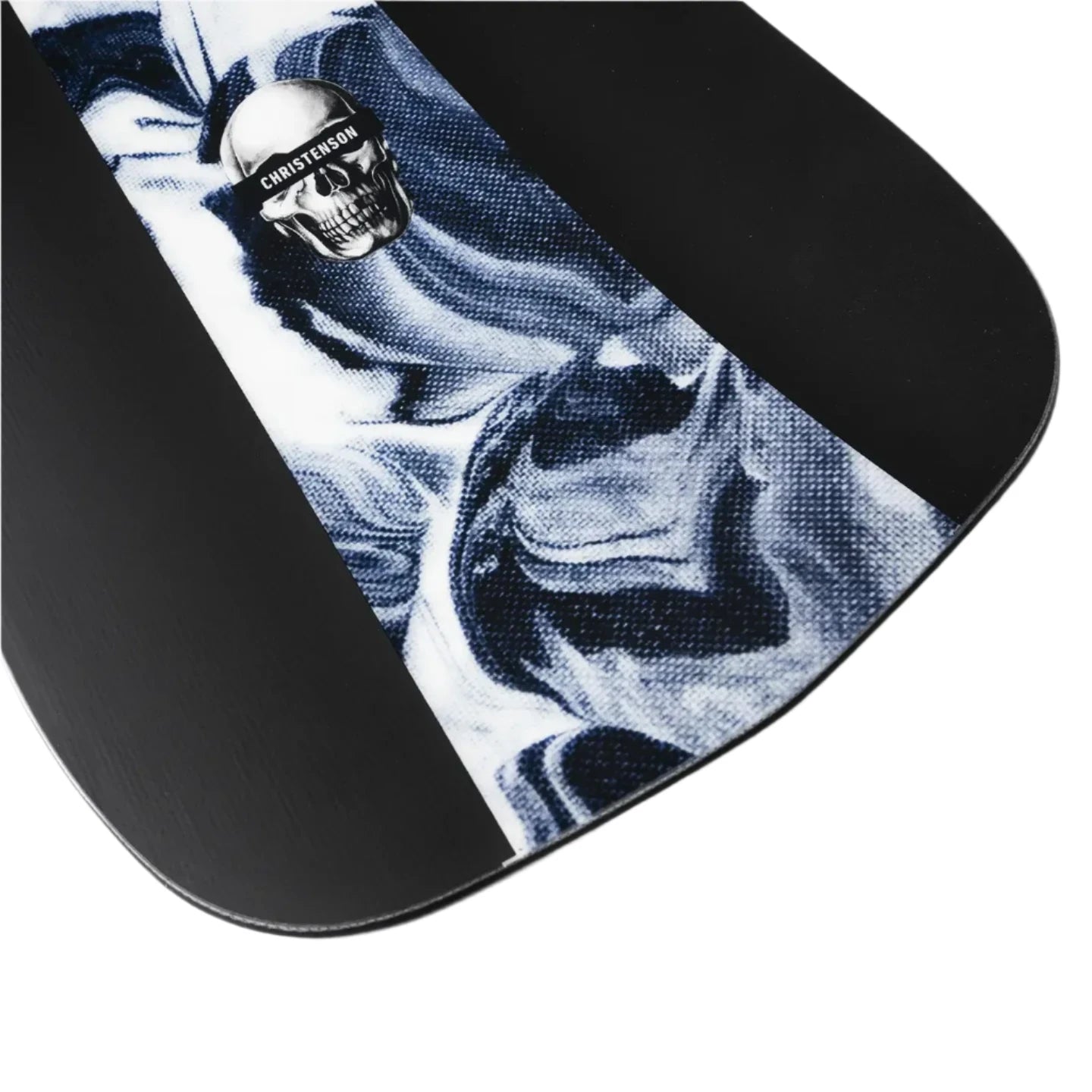 Jones Mind Expander Snowboard 2025 - A black snowboard with a white and blue graphic of a man's face on the top sheet, featuring a skull design.