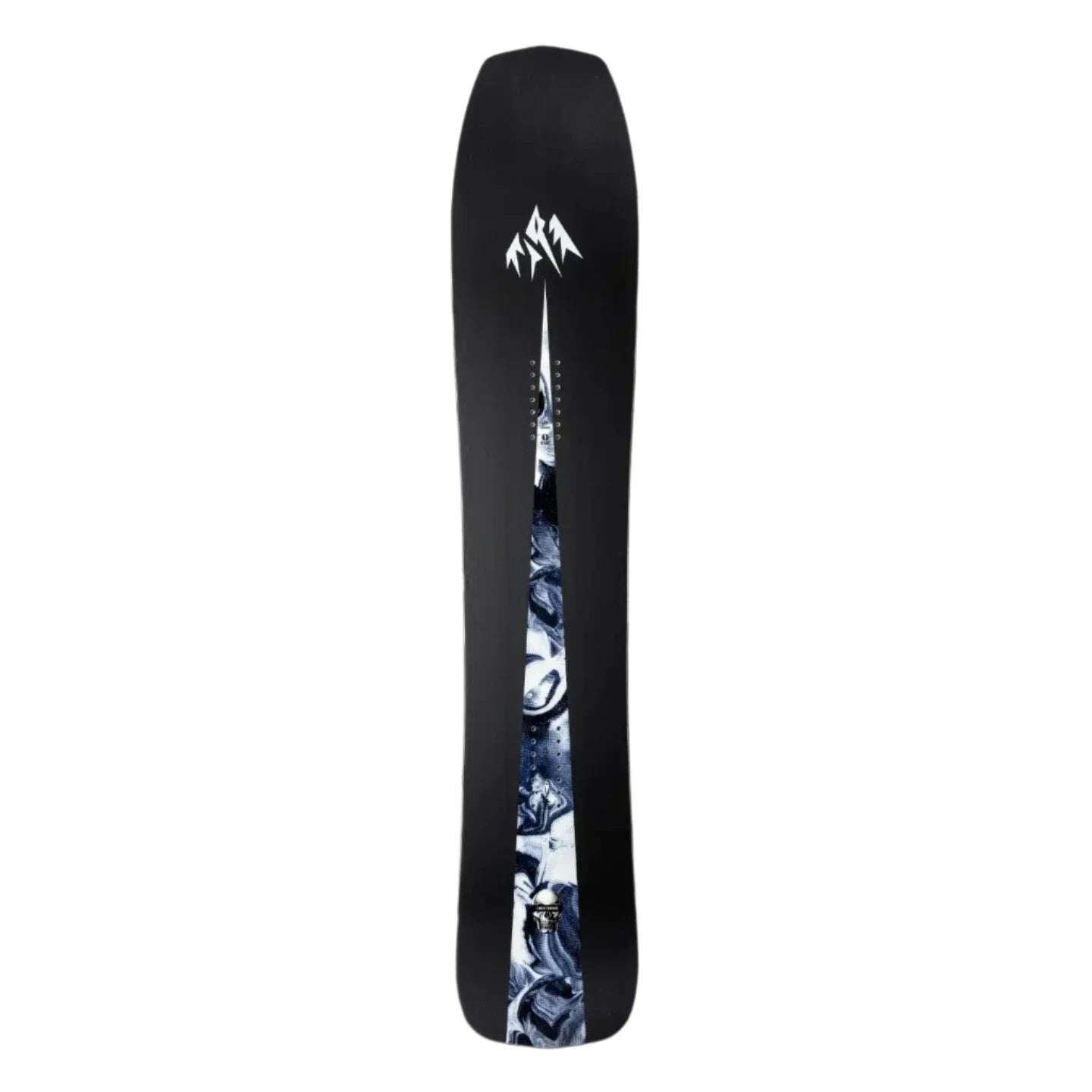 Jones Mind Expander Snowboard 2025 - A black snowboard with a white logo at the top and a blue-and-white abstract design on the bottom.