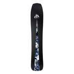 Jones Mind Expander Snowboard 2025 - A black snowboard with a white logo at the top and a blue-and-white abstract design on the bottom.