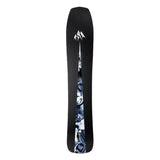 Jones Mind Expander Snowboard 2025 - A black snowboard with a white logo at the top and a blue-and-white abstract design on the bottom.