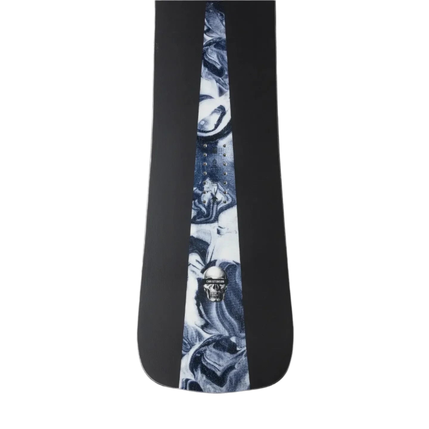 Jones Mind Expander Snowboard 2025 - A black snowboard with a white and blue abstract design, featuring a skull graphic on its bottom edge.