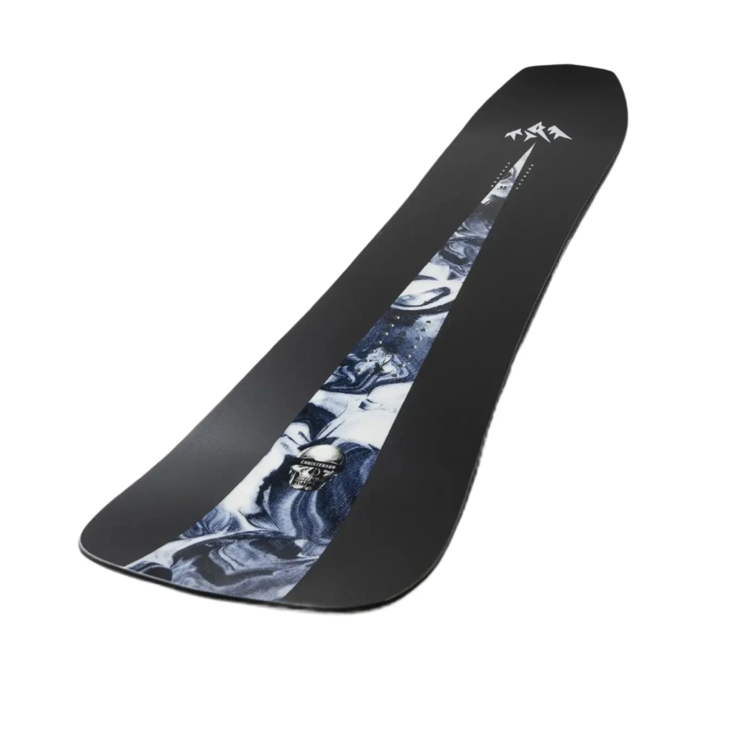 Jones Mind Expander Snowboard 2025 - A black snowboard with a white and blue marbled design, featuring a skull graphic on its underside.