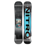 Nitro's Junior's Mini Thrills Snowboard - A black snowboard with a small graphic of a smiling cartoon character in a red jacket on its top side.