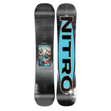Nitro's Junior's Mini Thrills Snowboard - A black snowboard with a small graphic of a smiling cartoon character in a red jacket on its top side.