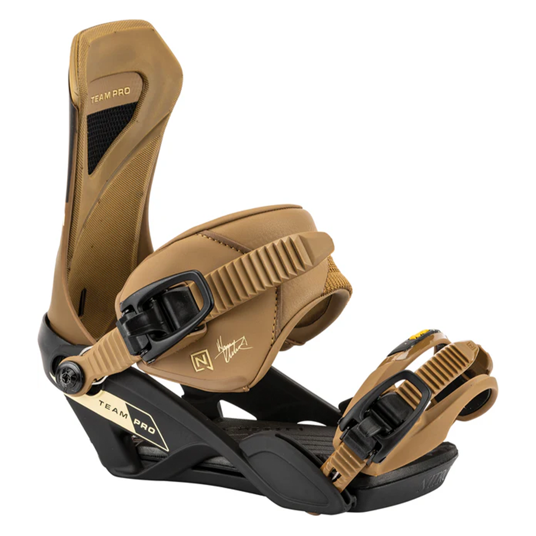 Nitro Team Pro MK Snowboard Binding - A black snowboard binding with a tan strap and buckle, featuring a signature on the side.