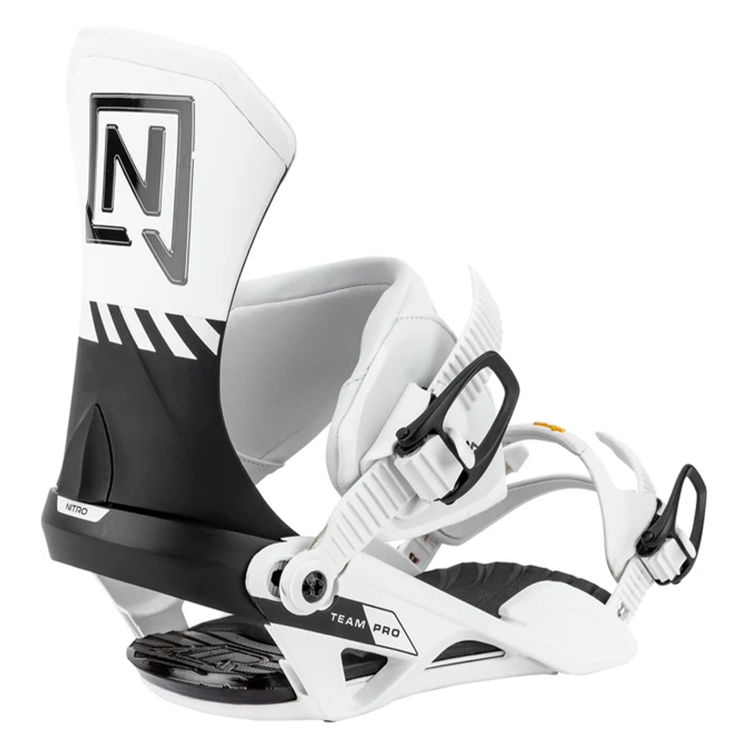 Nitro Team Pro MK Snowboard Binding - A black, white, and gray snowboard binding with a large "N" logo on the top of the left boot.