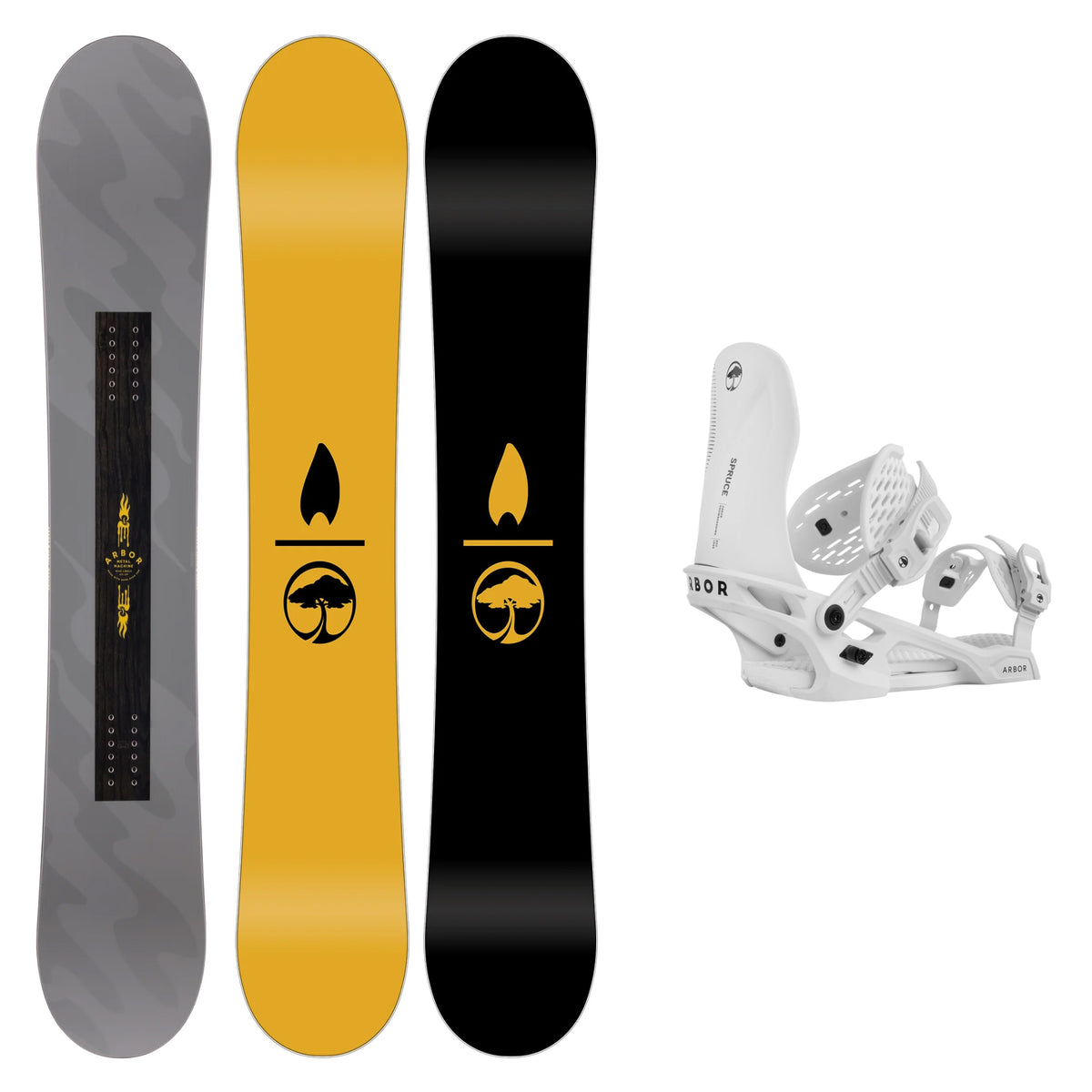 Arbor Metal Machine Camber Snowboard with Arbor Spruce Snowboard Bindi