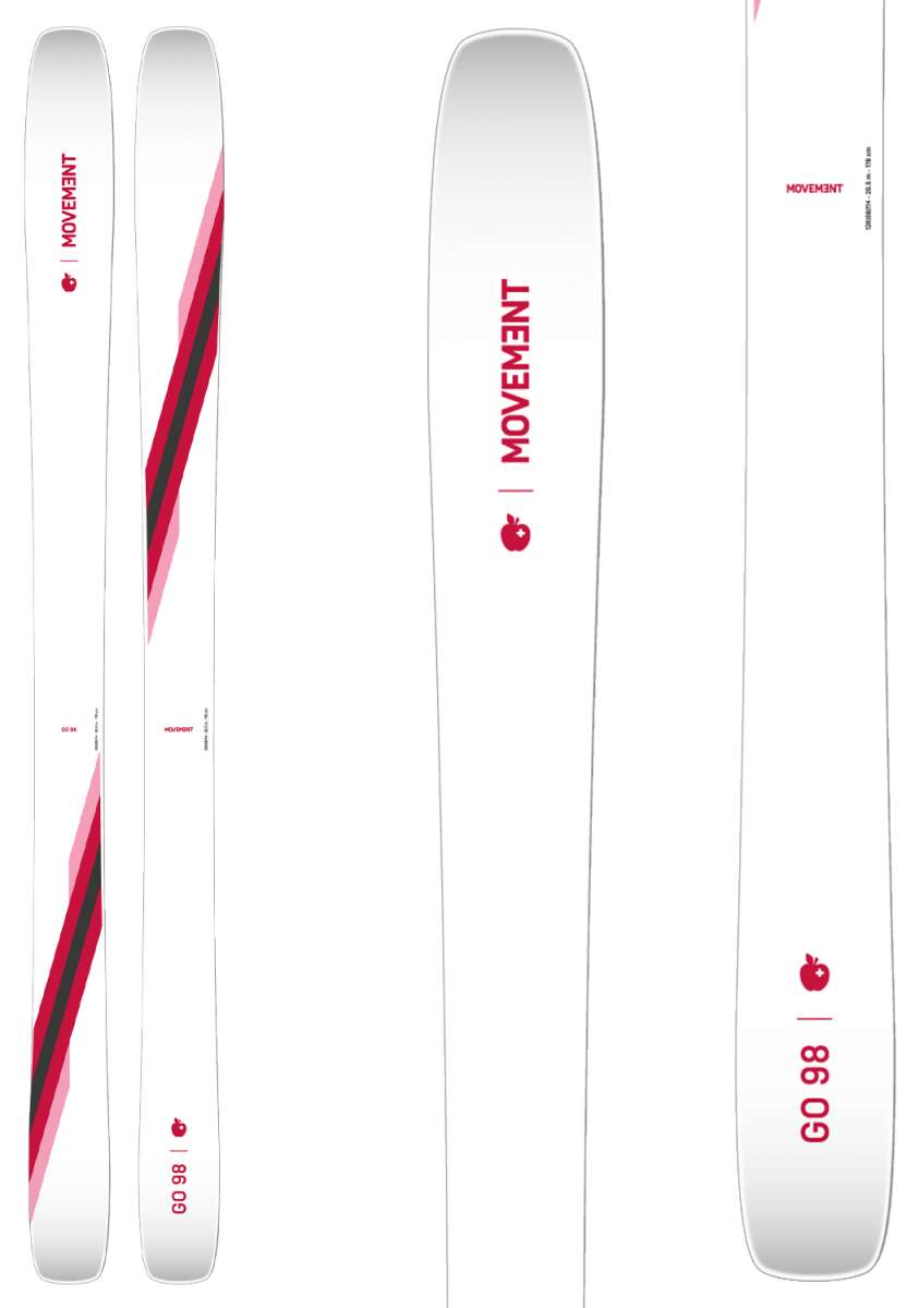 Movement Women's GO 98 Skis 2024 - White skis with red and black diagonal stripe on top sheet.