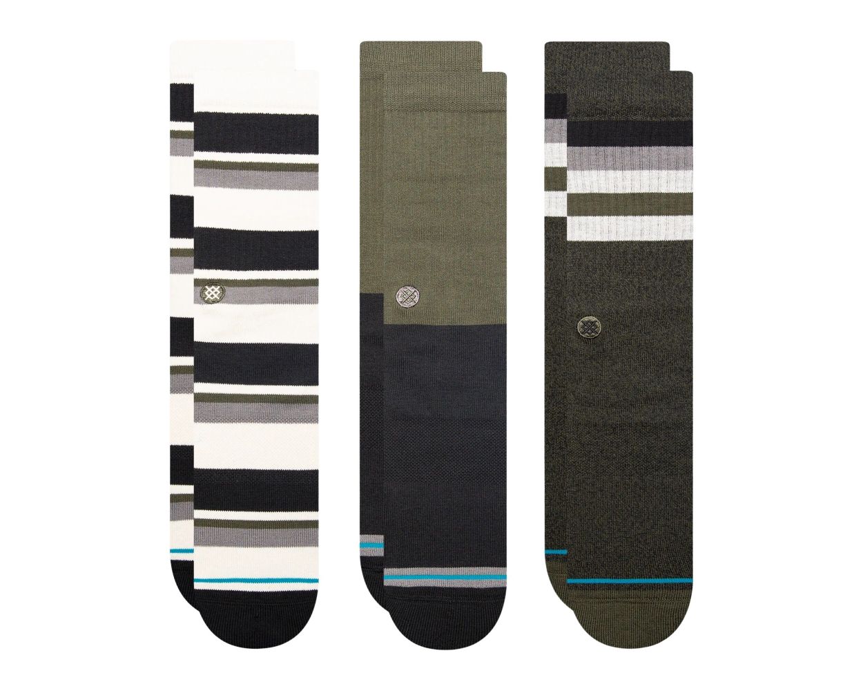 Stance Coldwolf Crew Sock 3PK 2024 - A pair of crew socks in a dark grey color with white and light blue stripes.