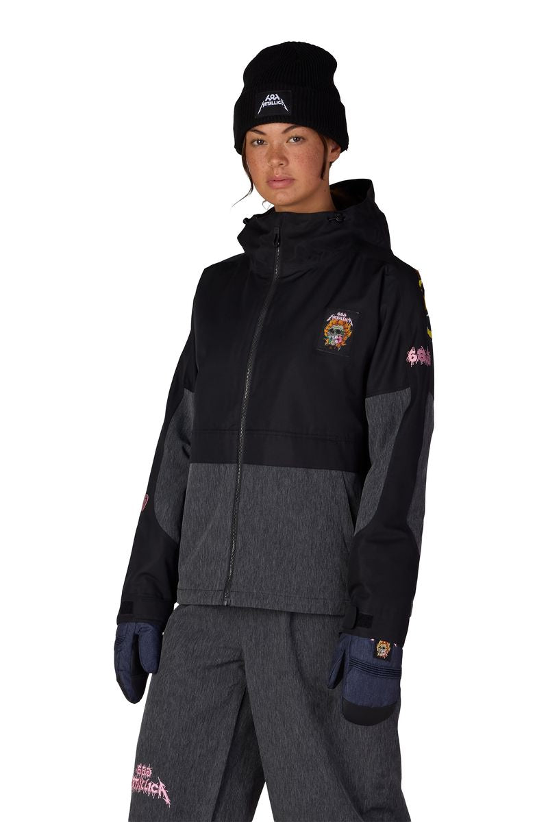 Women's insulated jacket, black hooded zip jacket with Metallica skull patch accents
