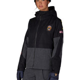 Women's insulated jacket, black hooded zip jacket with Metallica skull patch accents