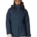 Women's 3-in-1 jacket in dark navy with hood, full-zip front, and ski patches
