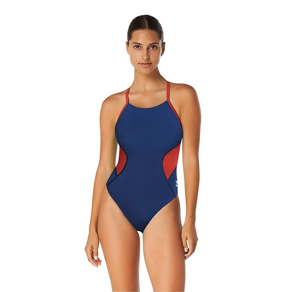 Speedo Spark Splice Crossback One Piece Swimsuit - A navy blue one-piece swimsuit with red accents and a cross-back design.