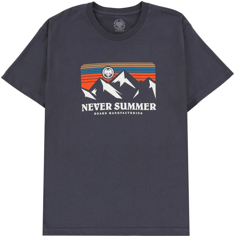 RETRO SUNSET SS TEE MEN'S 2024 - A gray t-shirt with a sunset design featuring orange, blue and brown stripes.