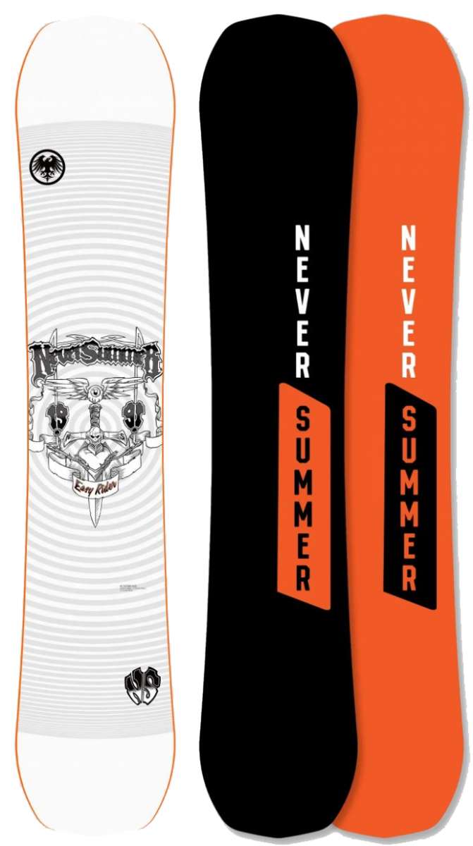 Never Summer - Easy Rider Snowboard 2024 with black background and white lettering.