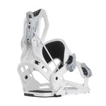 Flow Nexus - White snowboard bindings with black buckles and straps.