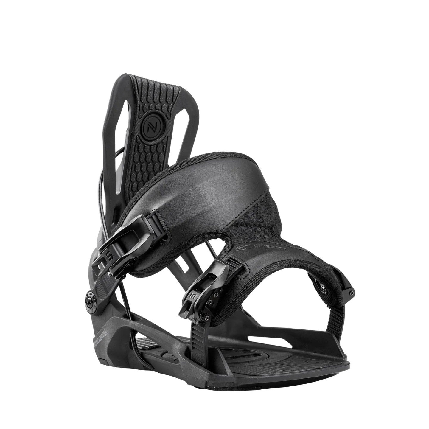Flow Nexus Snowboard Binding 2025 - A black snowboard binding with a textured strap and a circular logo on the high back.