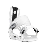Flow Nexus Snowboard Binding 2025 - A white snowboard binding with a black textured strap and silver buckles.