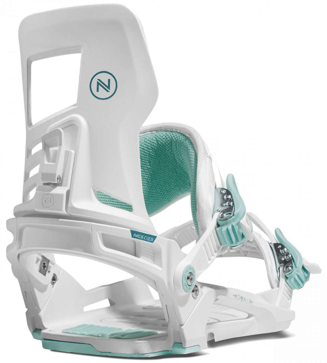 Nidecker Women's Muon Snowboard Bindings 2022 - White bindings with teal accents and a circular logo on top of the left binding.