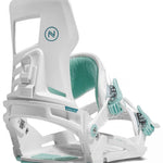 Nidecker Women's Muon Snowboard Bindings 2022 - White bindings with teal accents and a circular logo on top of the left binding.
