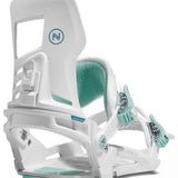 Nidecker Women's Muon Snowboard Bindings 2022 - White bindings with teal accents and a circular logo on top of the left binding.